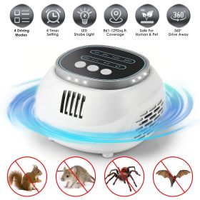 Ultrasonic Rodent Chaser Rat Repellent Pest Driver Mouse Control Squirrel Repeller with 4 Modes 4-65KHz Strobe Light 4 Timer 1292sq.ft. Coverage (Color: White)
